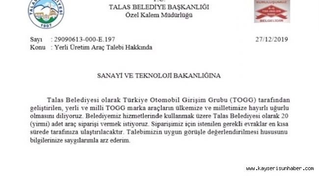 TOGG'a Bir Sipariş de Kayseri'den