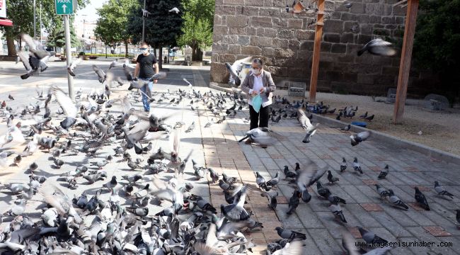 Sokağa çıkma kısıtlamasında güvercinleri beslediler