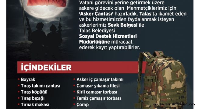 Talas Belediyesi'nden askerlere çanta