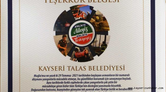 Muğla Belediyesi'nden Talas'a 'yangına müdahale' teşekkürü