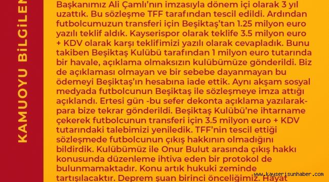 Kayserispor'dan Onur Bulut açıklaması