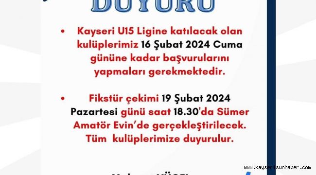 Kayseri U-15 Ligi fikstürü 19 Şubat'ta çekilecek