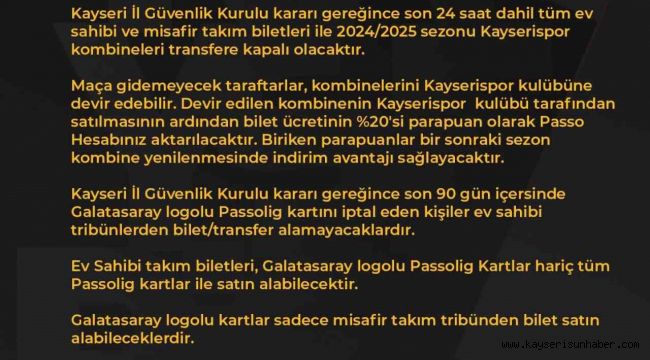 Kayserispor - Galatasaray maçı bilet fiyatları belli oldu