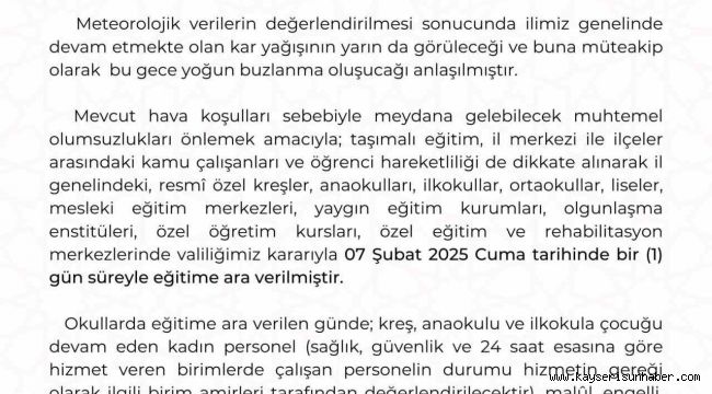 Kayseri'de eğitime 1 gün daha ara verildi