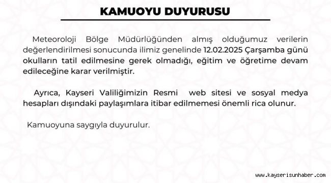 Kayseri'de eğitime kar tatili yok