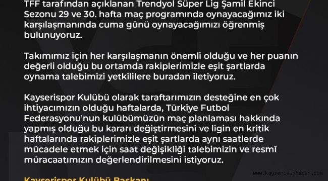 Kayserispor, Hatayspor maçının saatinde değişiklik istedi