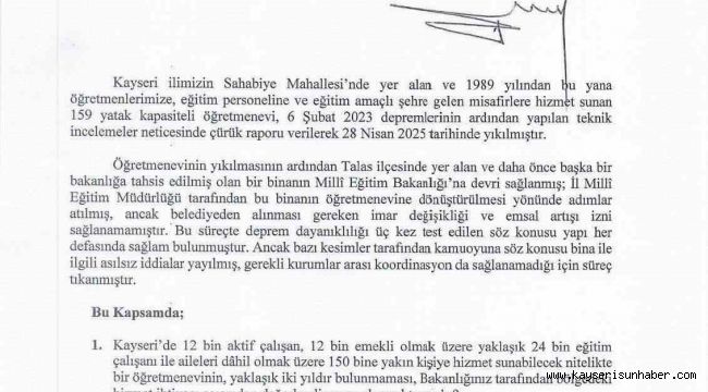 Baki Ersoy'dan 'Kayseri Öğretmenevi' için soru önergesi