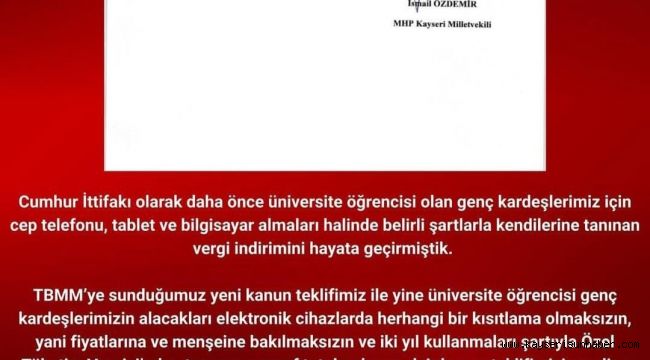 MHP'li Özdemir'den üniversiteliler için kanun teklifi